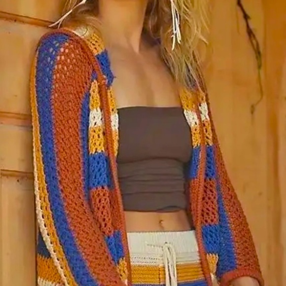 Free People Sweaters - New Free People Beach Striped XS Blue Rust Hooded Knit Crochet Slouchy Cardi